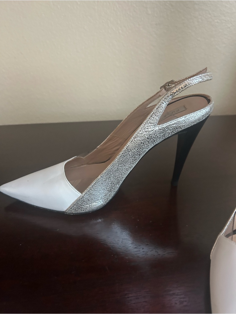 Pura Lopez White Pointed Slingback Pumps with Silver Trim
